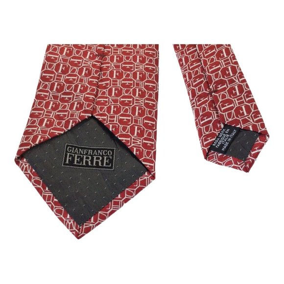 GIANFRANCO FERRE Red Geometric Monogrammed Silk Tie Italy 57"/3".3/4 EX COND - Picture 5 of 7